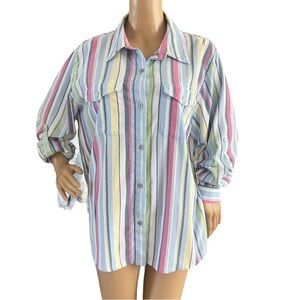 Alfred Dunner Roll Tab Sleeves Multicolor Striped Button Up Top